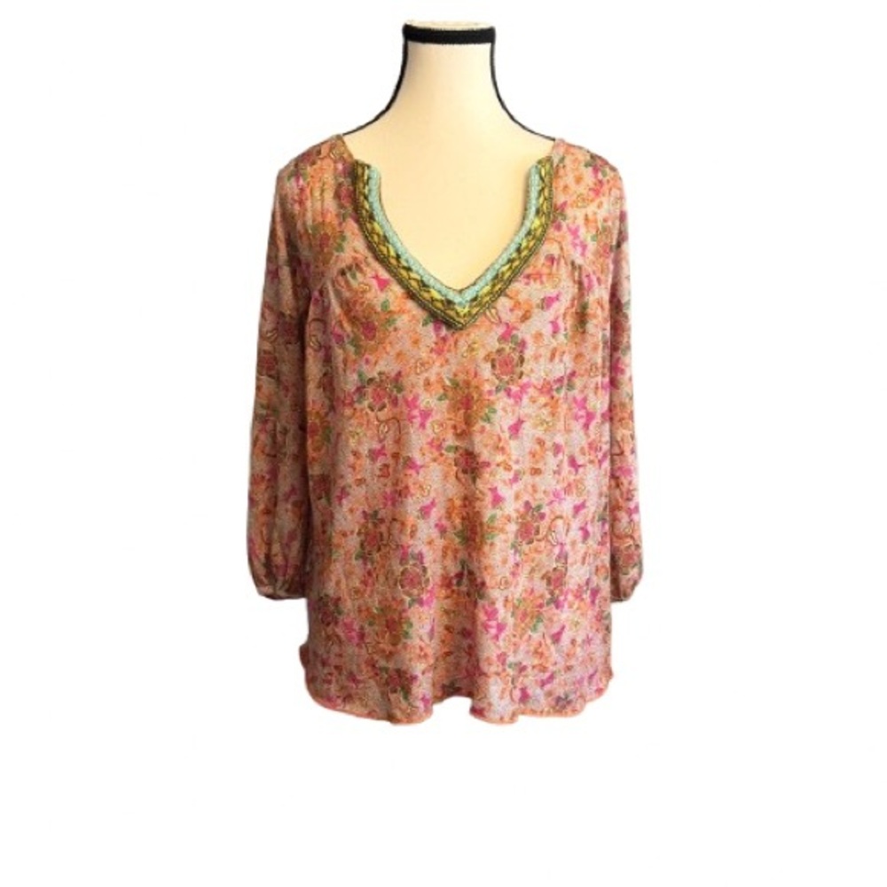 Free People XS Boho Floral Wool Cashmere Tunic Knit Trim V-Neck